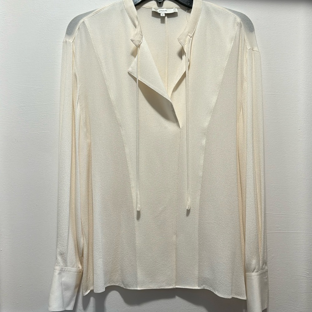 Vince Silk Long Sleeve V Neck Blouse Top in Optic White - XS